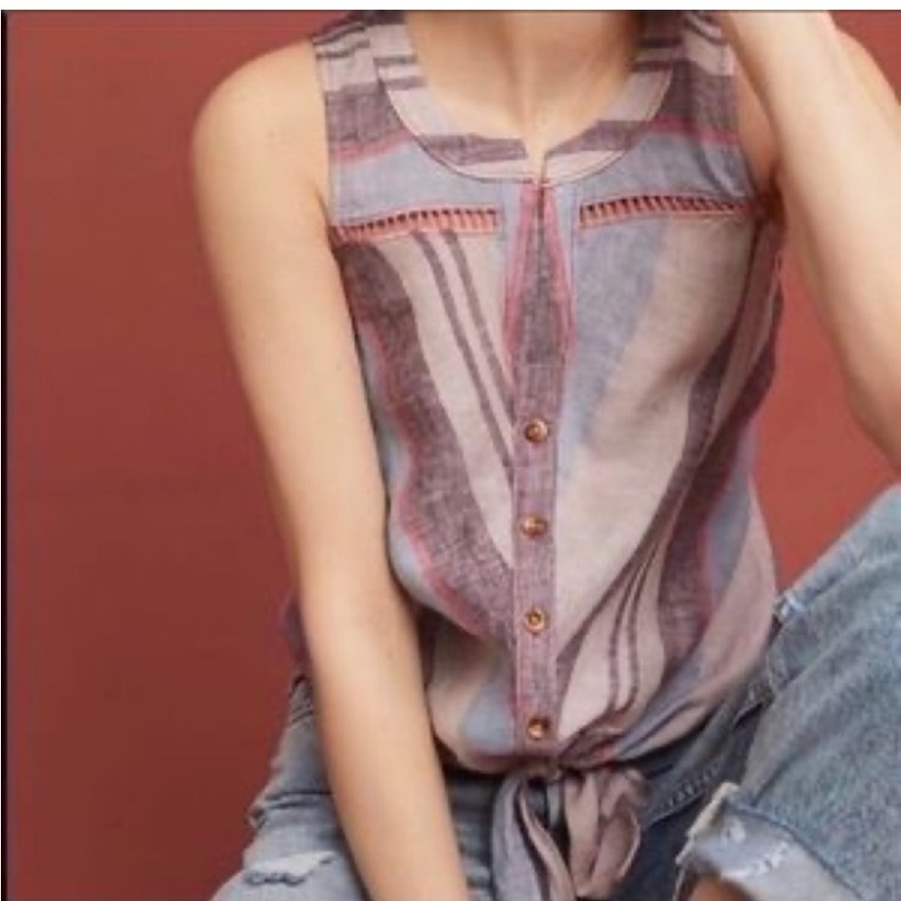 Maeve by Anthropologie Linen Multi Color Stripe Sleeveless Button‎ Down Blouse 2